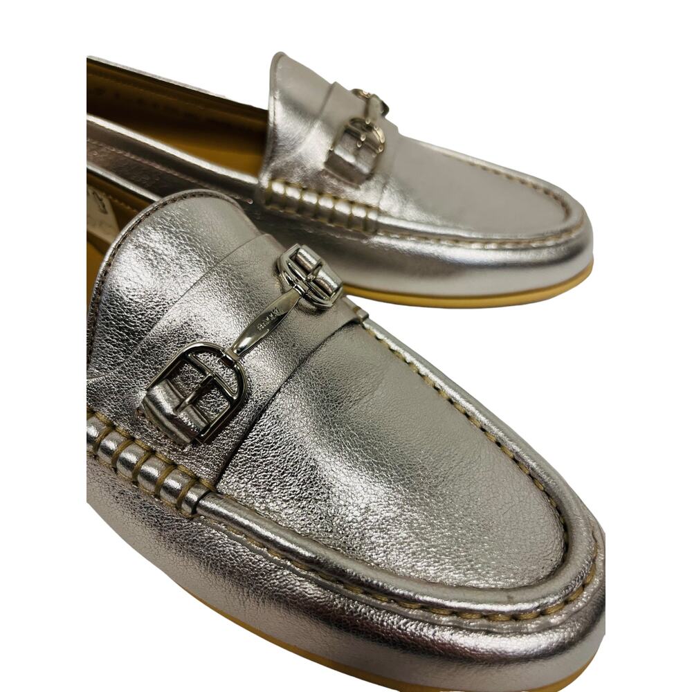 BALLY Silver Metallic Leather Manoela Buckle Accent Slip-On Loafers Flats 37 -7 - Picture 10 of 11
